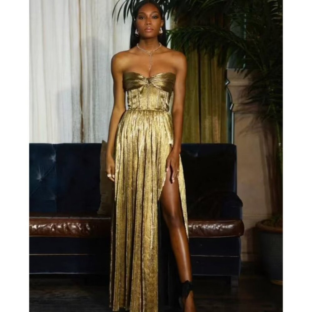 Bronx and Banco Metallic Gold Strapless Pleated Gown - Picture 12 of 16